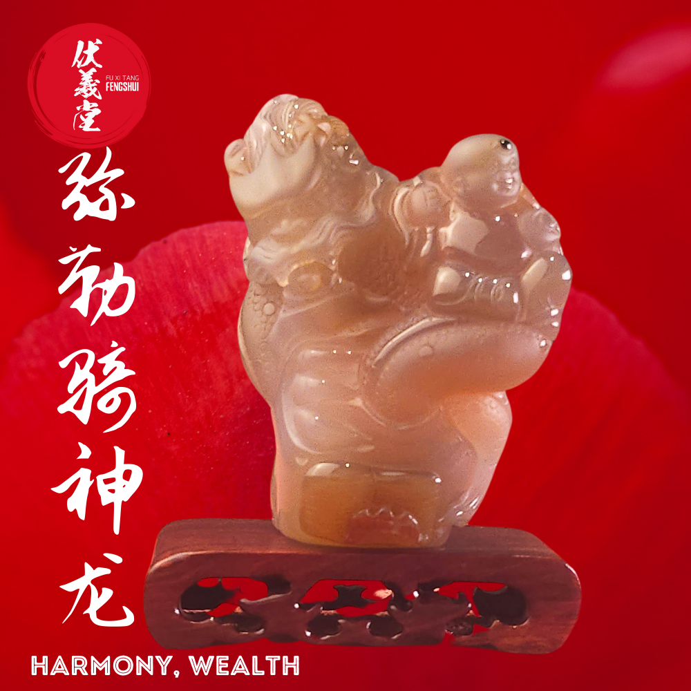 Fu Xi Tang Exquisite Jade Statue: Mi Le Tian Zun with Shenlong