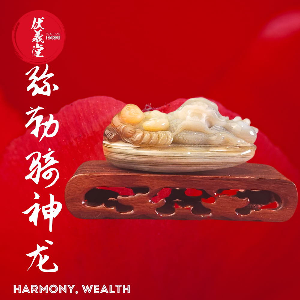 Fu Xi Tang Exquisite Jade Statue: Mi Le Tian Zun with Shenlong
